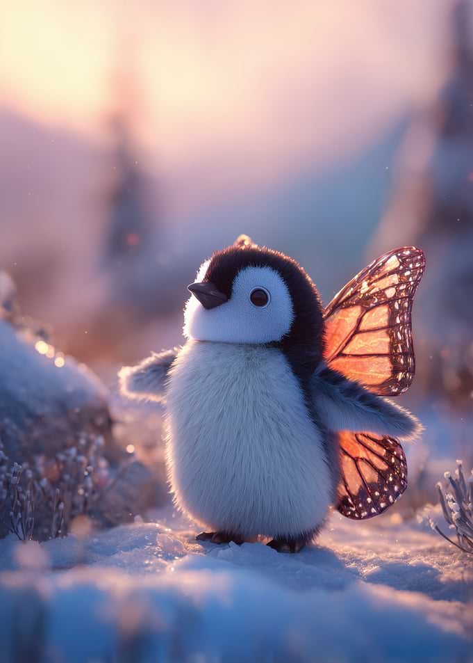 Penguin with Butterfly Wings in Snow