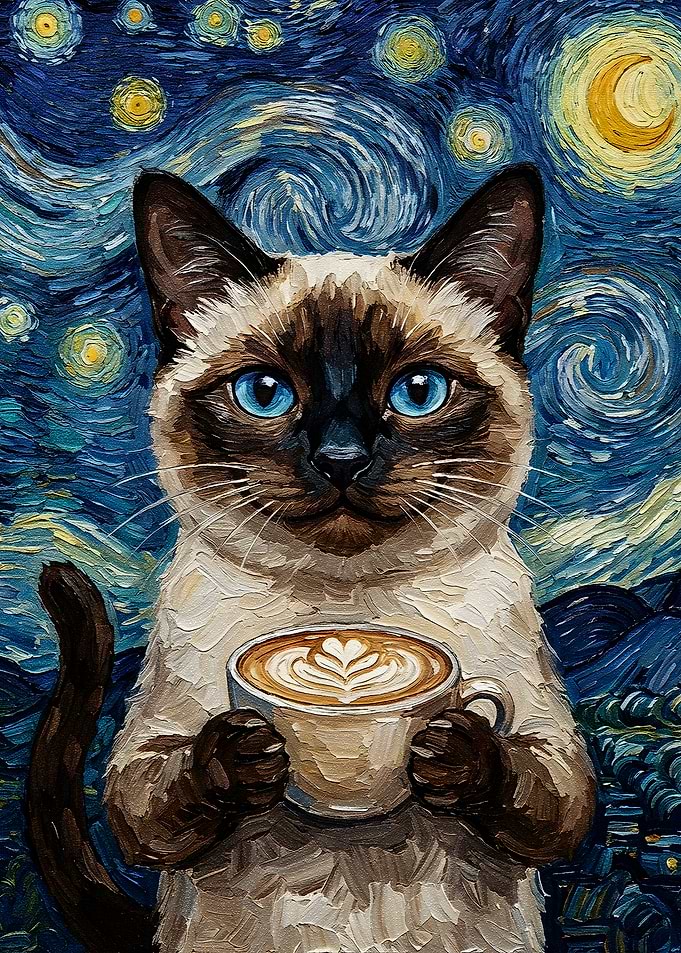 Siamese Cat with Coffee, Starry Night