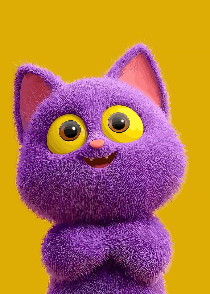 Cute Purple Fluffy Cartoon Cat Portrait