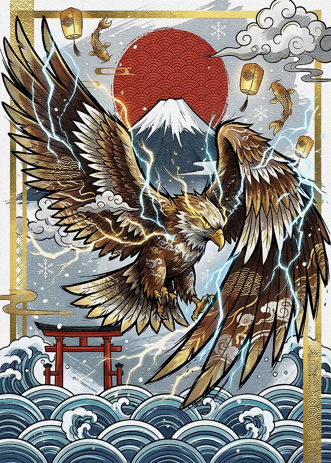Eagle with Lightning and Japanese Elements