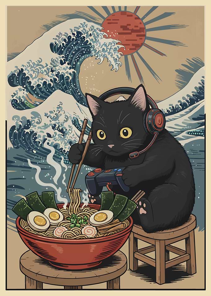 Gamer Cat with Ramen and Wave