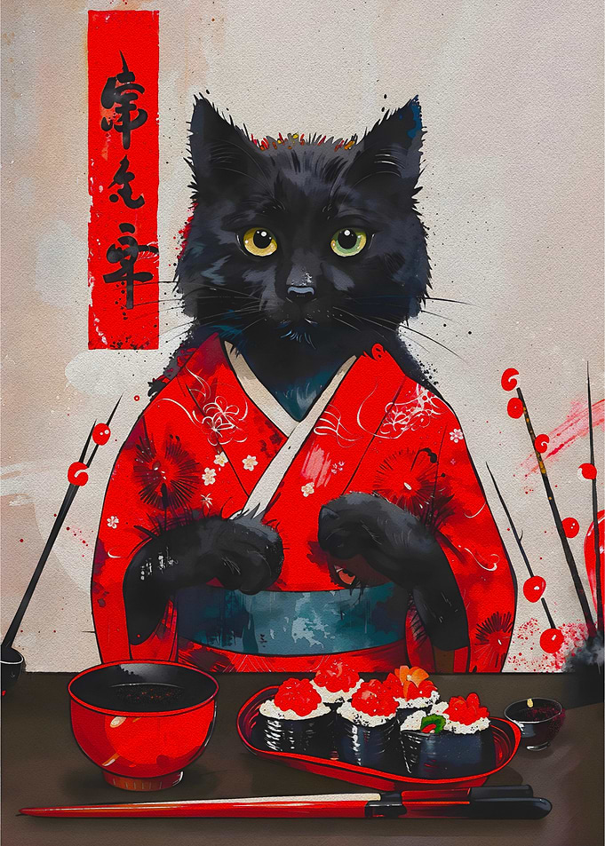 Cat in Kimono with Sushi