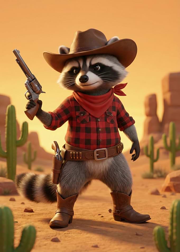 Raccoon Cowboy in Desert