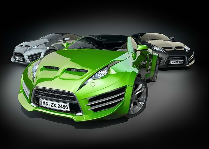 Three futuristic sports cars on display