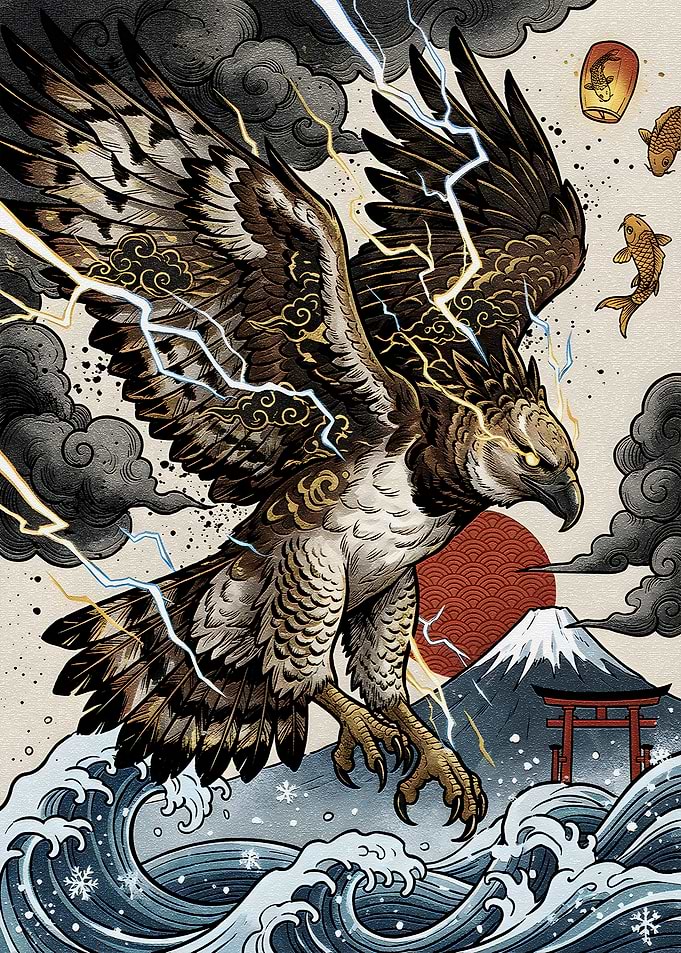 Japanese Eagle with Lightning and Waves