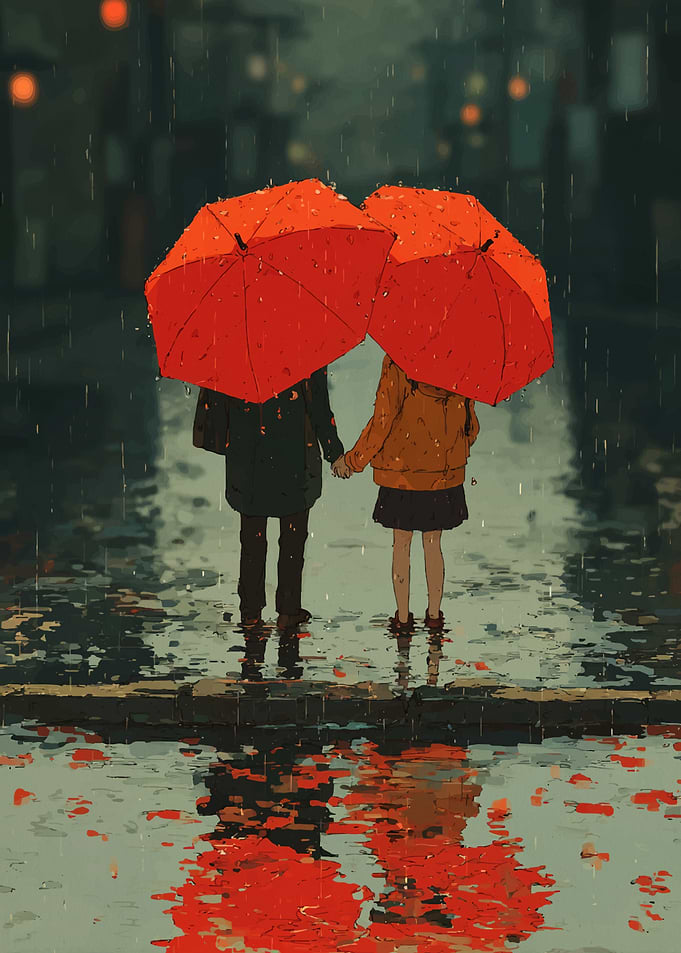 Couple Walking in Rain with Umbrellas