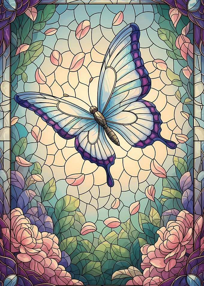Stained Glass Butterfly and Flowers
