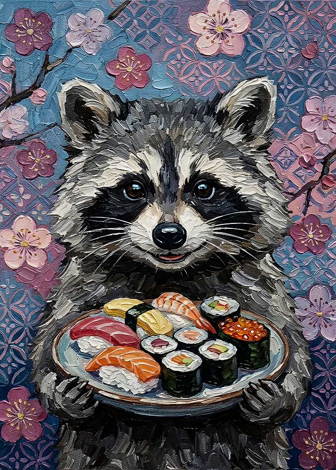 Raccoon with Sushi Painting