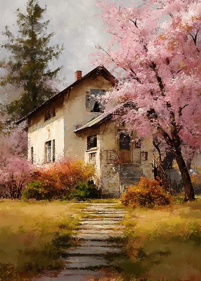 House with Cherry Blossoms Painting