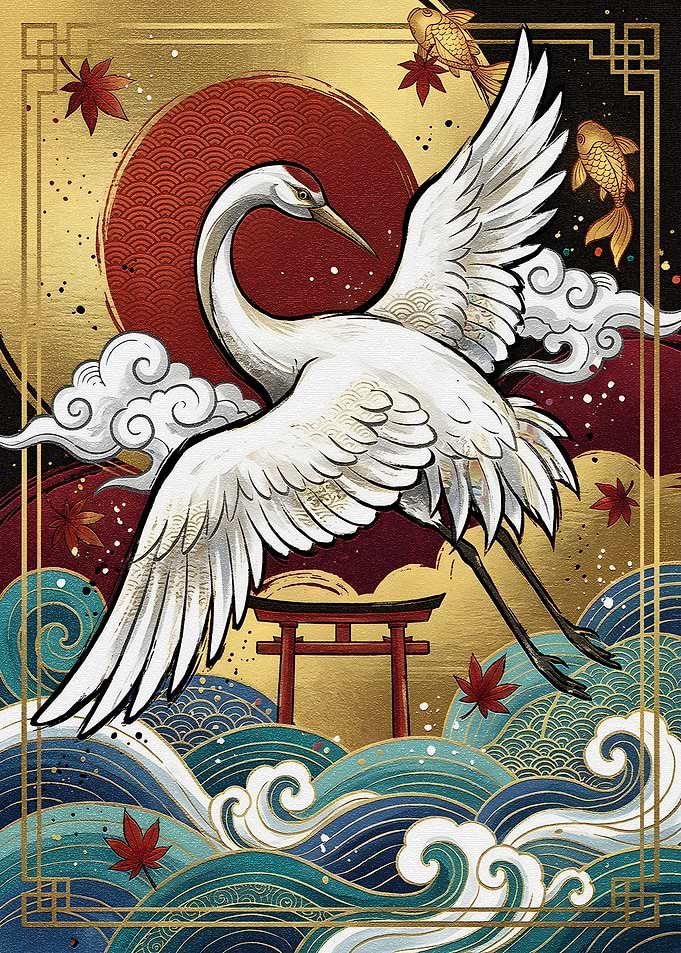 Japanese Crane Art with Torii Gate