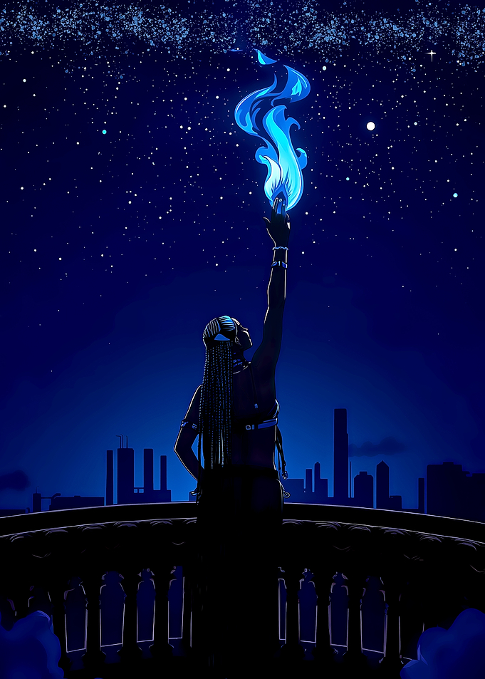 Figure with Blue Flame in Night
