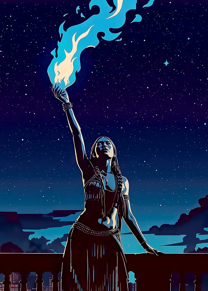Woman with Blue Flame in Night
