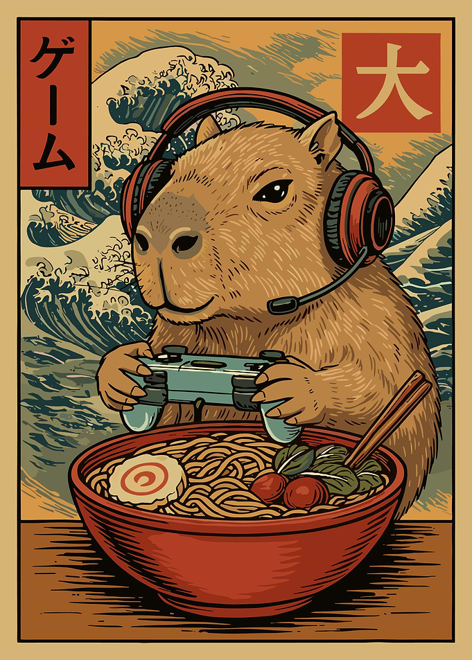 Capybara Gamer Poster, Funny Japanese Ramen Wall Art, Gaming Animal Illustration Print