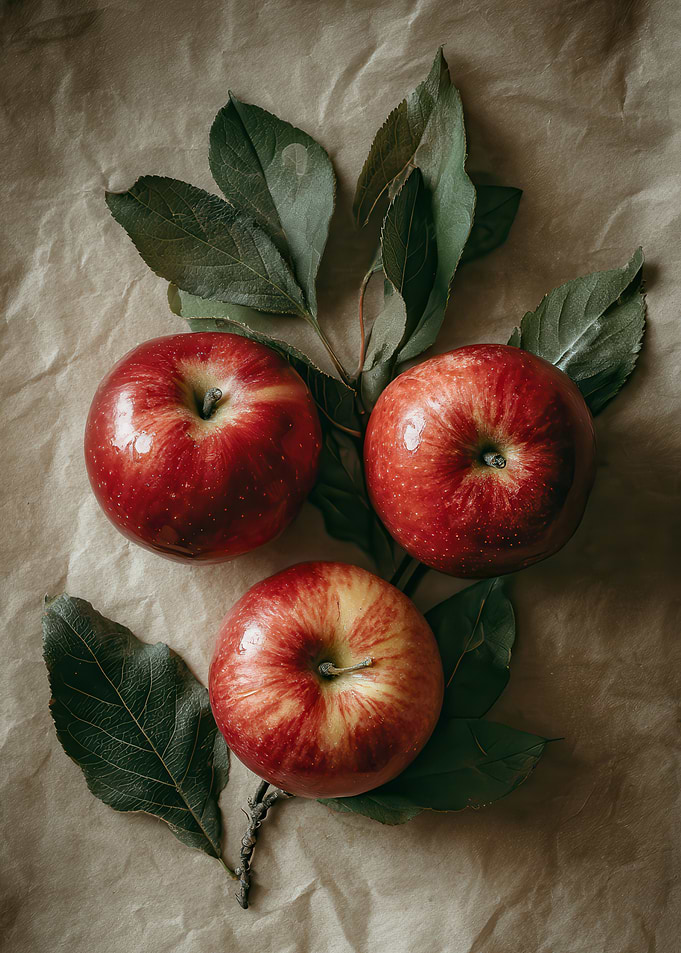 Three Red Apples with Leaves