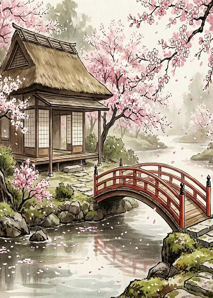Japanese Garden with Cherry Blossoms