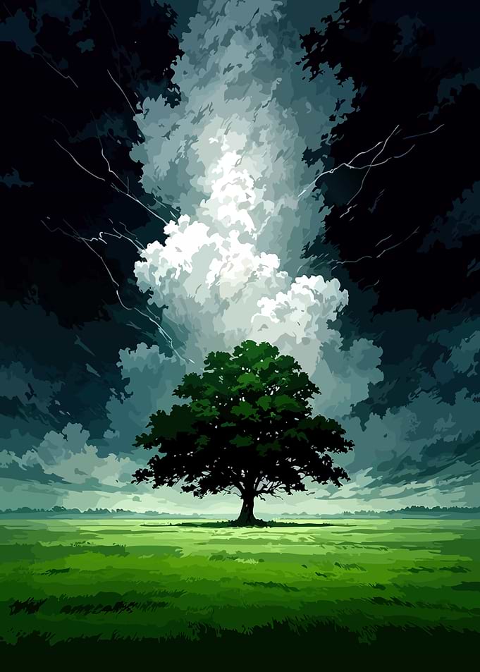 Lone Tree Under Stormy Sky