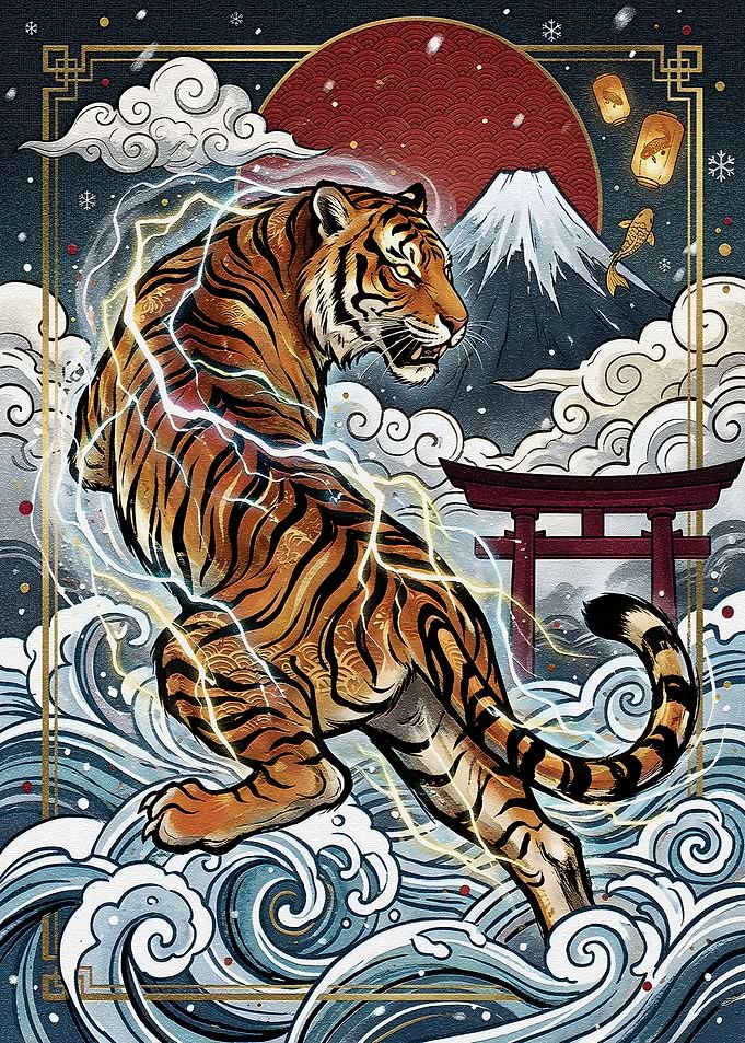 Tiger with Lightning Thunder and Mount Fuji