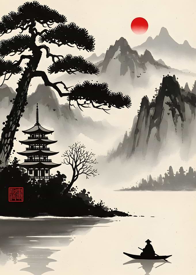 Japanese Landscape with Pagoda and Boat