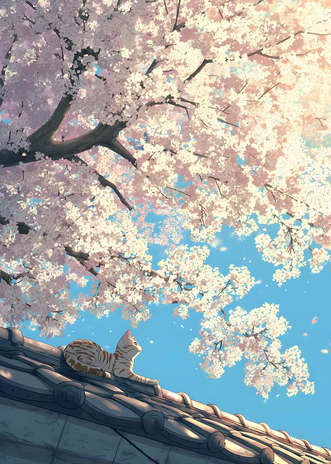 Cat under Cherry Blossoms on Roof