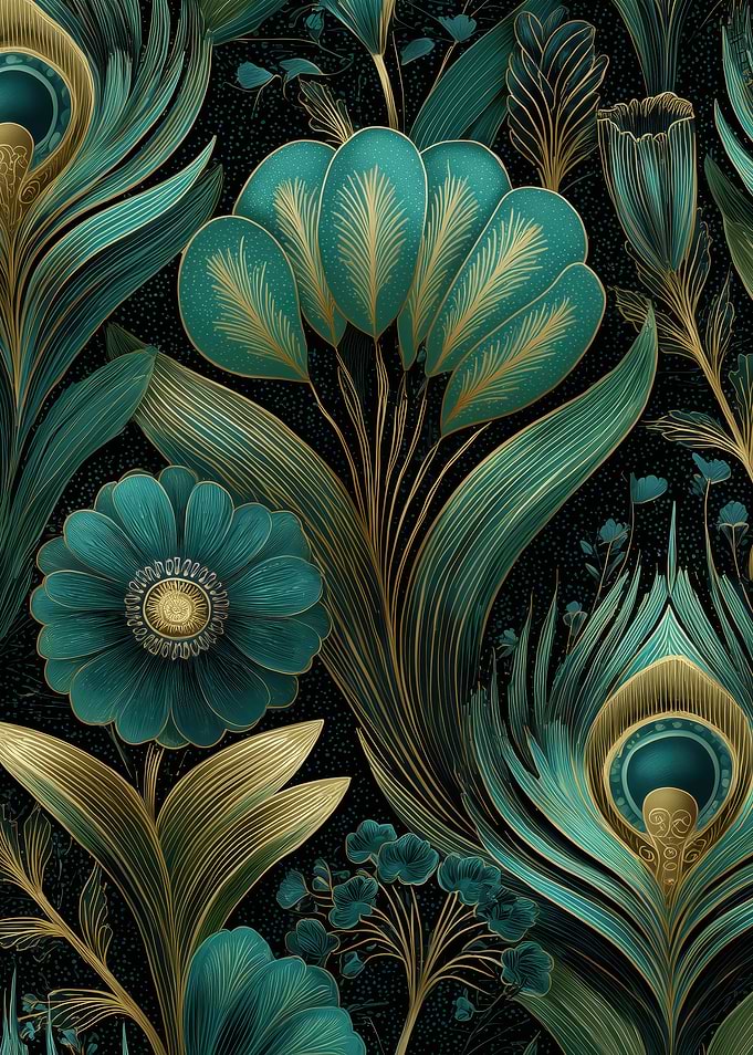 Teal and Gold Floral Art Deco Pattern
