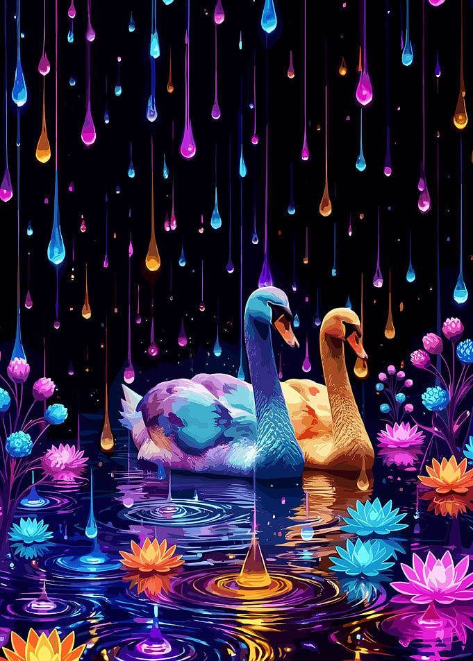 Swans in a Colorful Rain