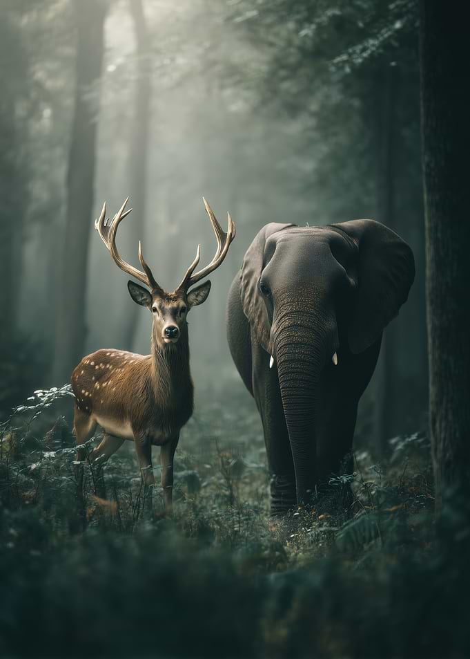 Deer and Elephant in Misty Forest