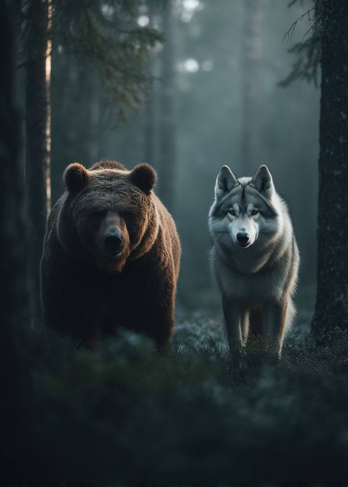 Bear and Wolf in Forest