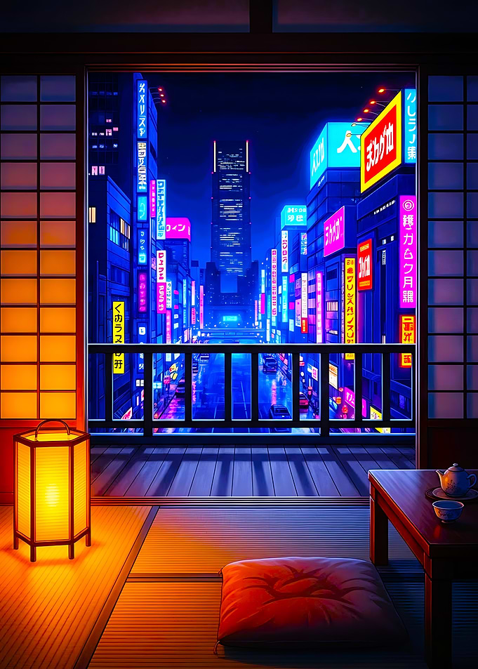 Cyberpunk City View from Japanese Room