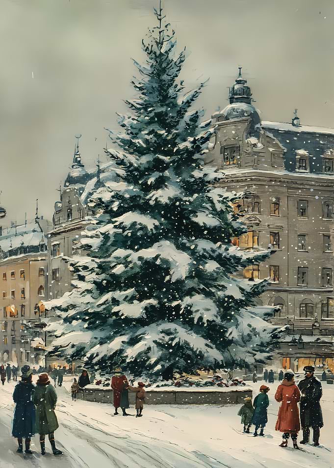 Snowy Christmas Tree in City Square