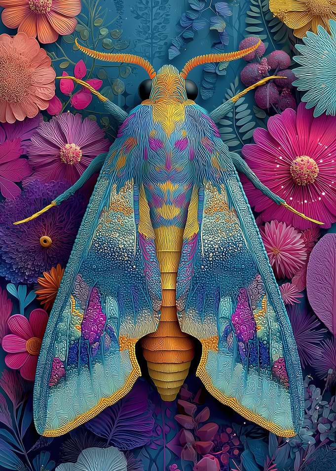 Colorful Moth Among Flowers