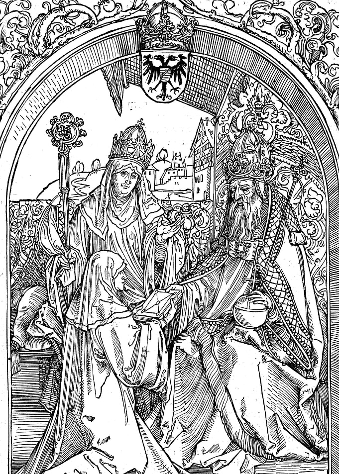 Hrotsvitha presenting her book to the Emperor Otto I Albrecht Durer Engraving
