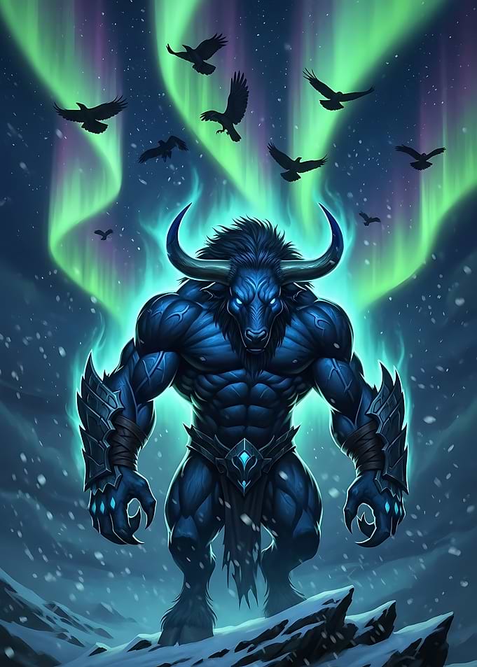 Minotaur in Winter Landscape with Aurora