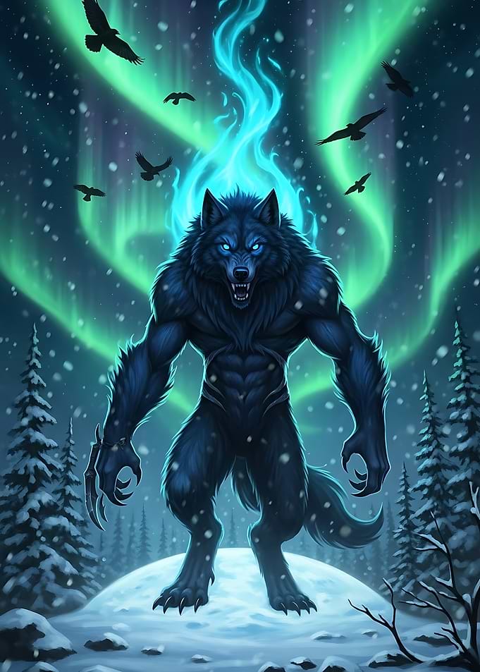 Werewolf in Winter with Aurora