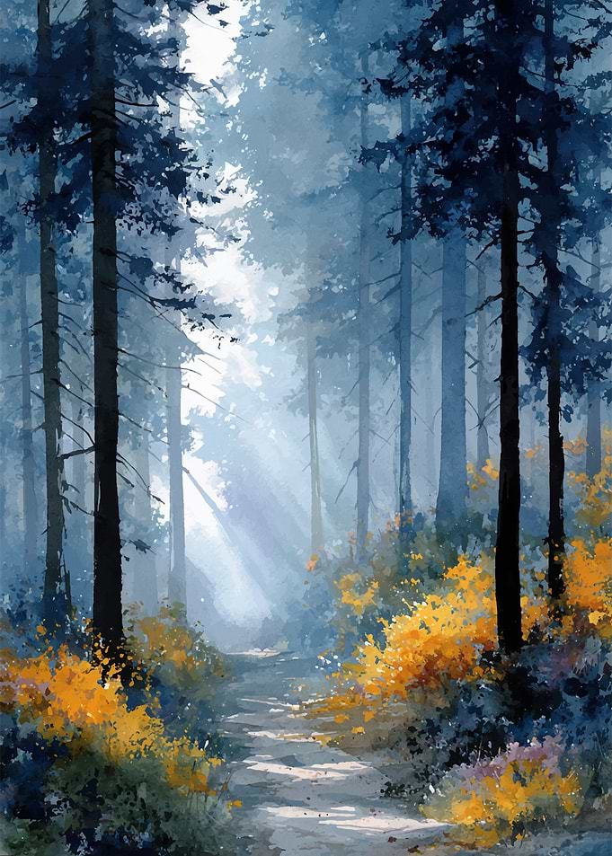 Watercolor Forest Path with Sunlight