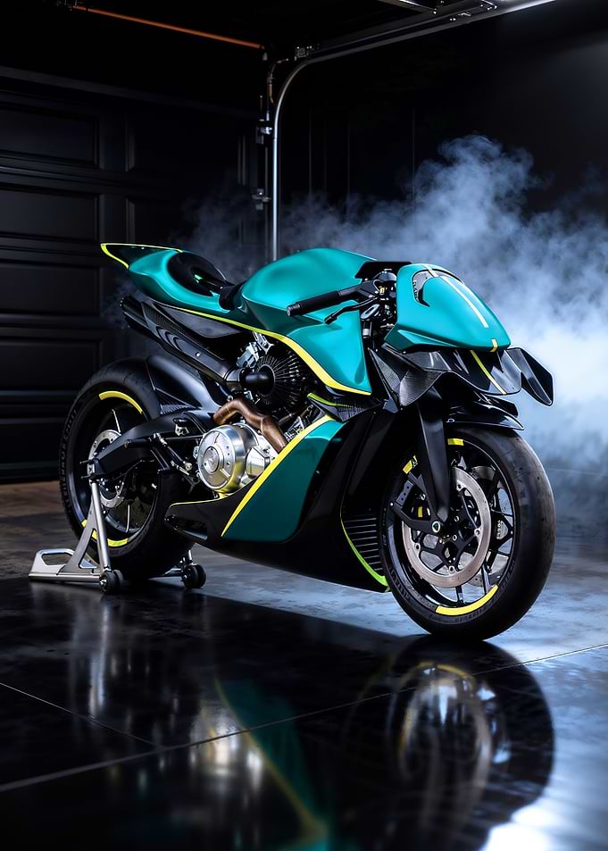 Green Motorcycle in Garage