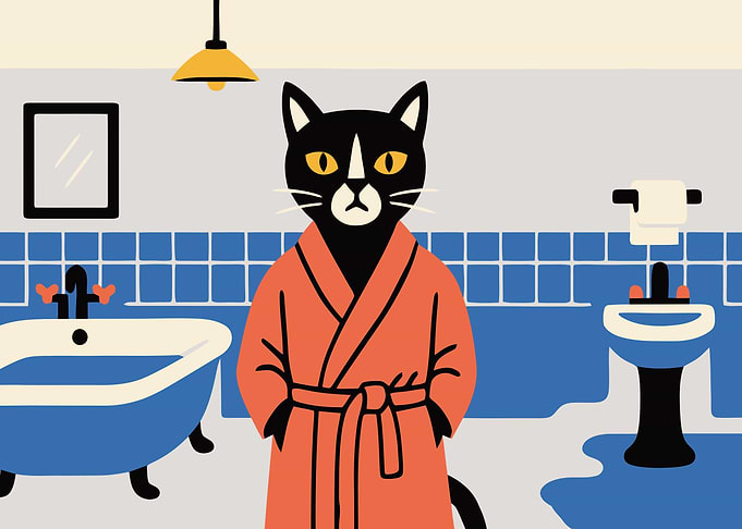 Cat in Robe in Bathroom Poster