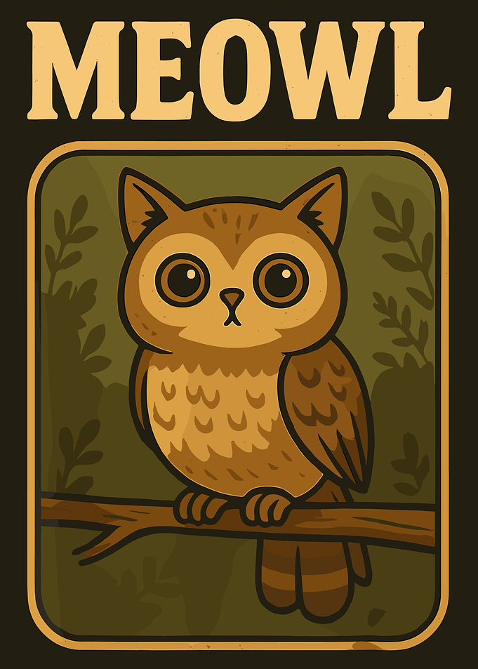 Meowl Owl Cat Poster, Cute Woodland Animal Wall Art, Whimsical Forest Illustration Print