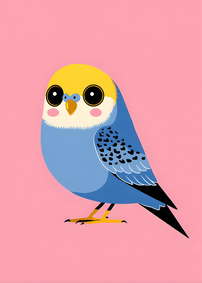 Cute Cartoon Budgie on Pink Background
