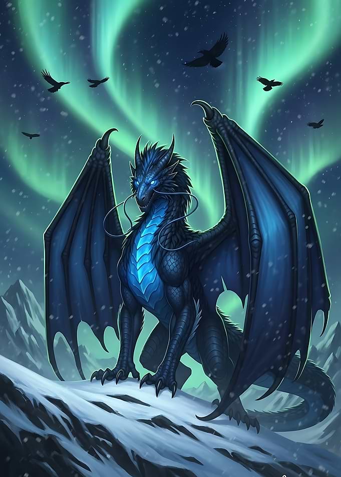 Blue Dragon Under Aurora Borealis