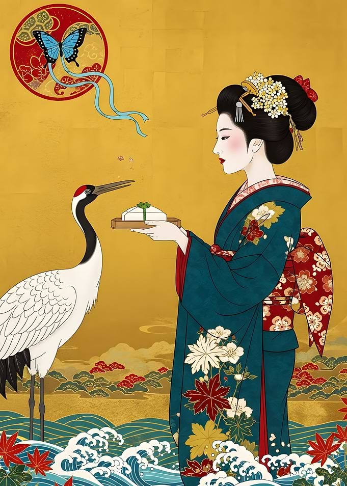 Japanese Geisha with Crane and Butterfly