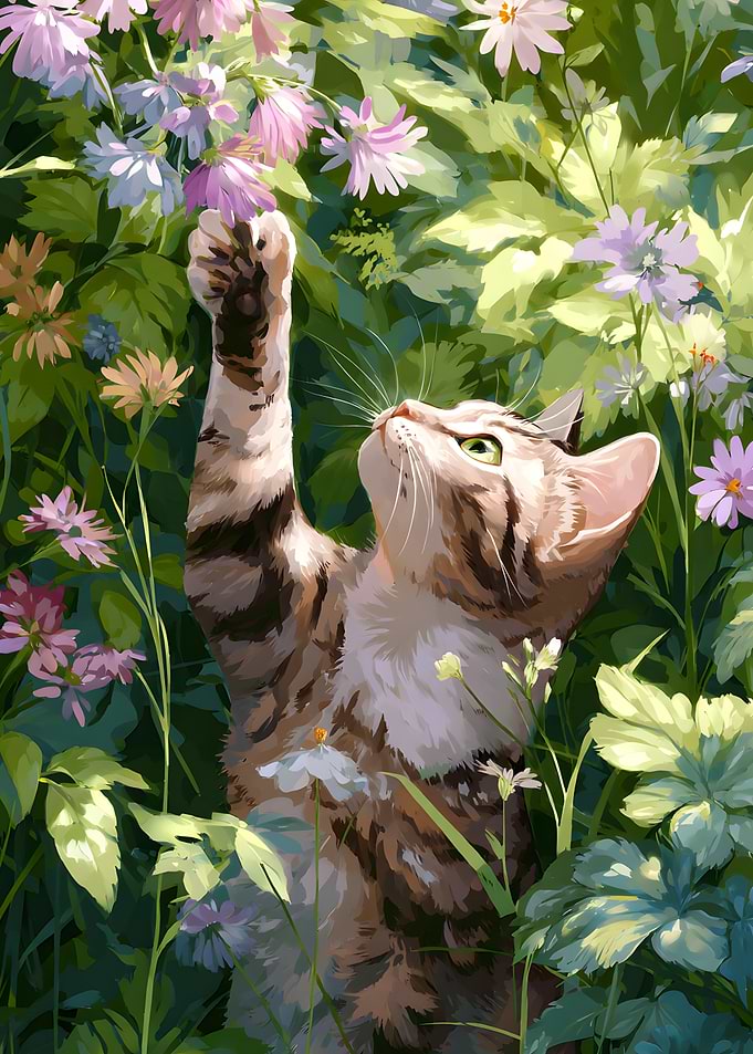 Cat Reaching for Flowers in Garden