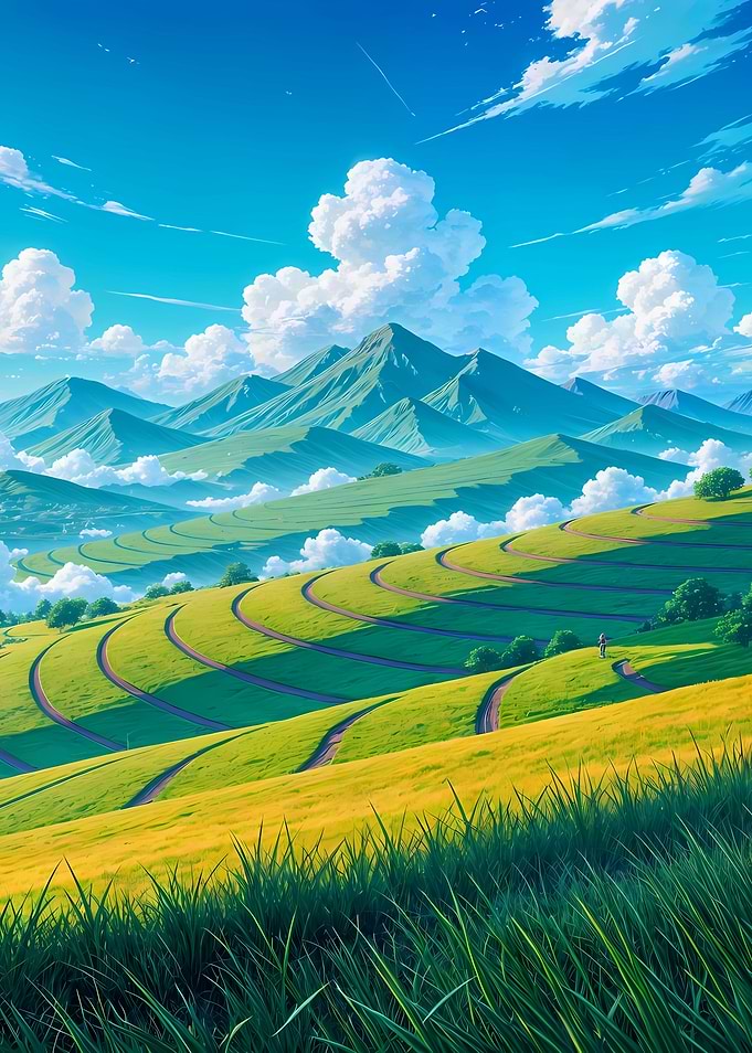 Lush Green Hills and Mountain Landscape