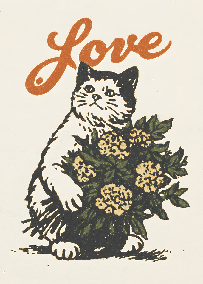 Cat with Flowers and Love Text