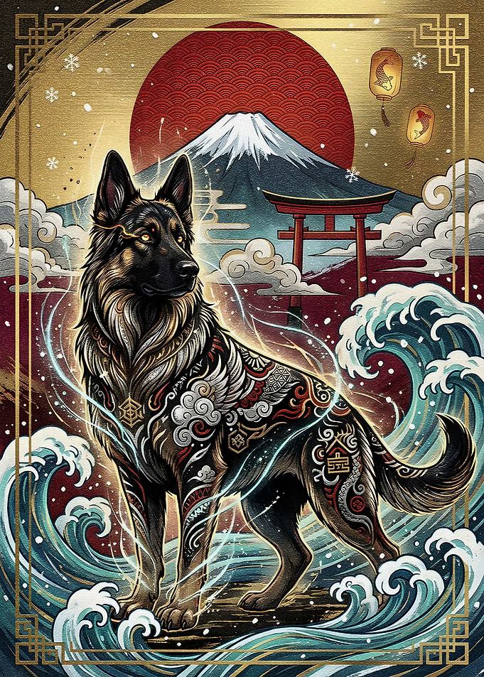 German Shepherd in Japanese Landscape