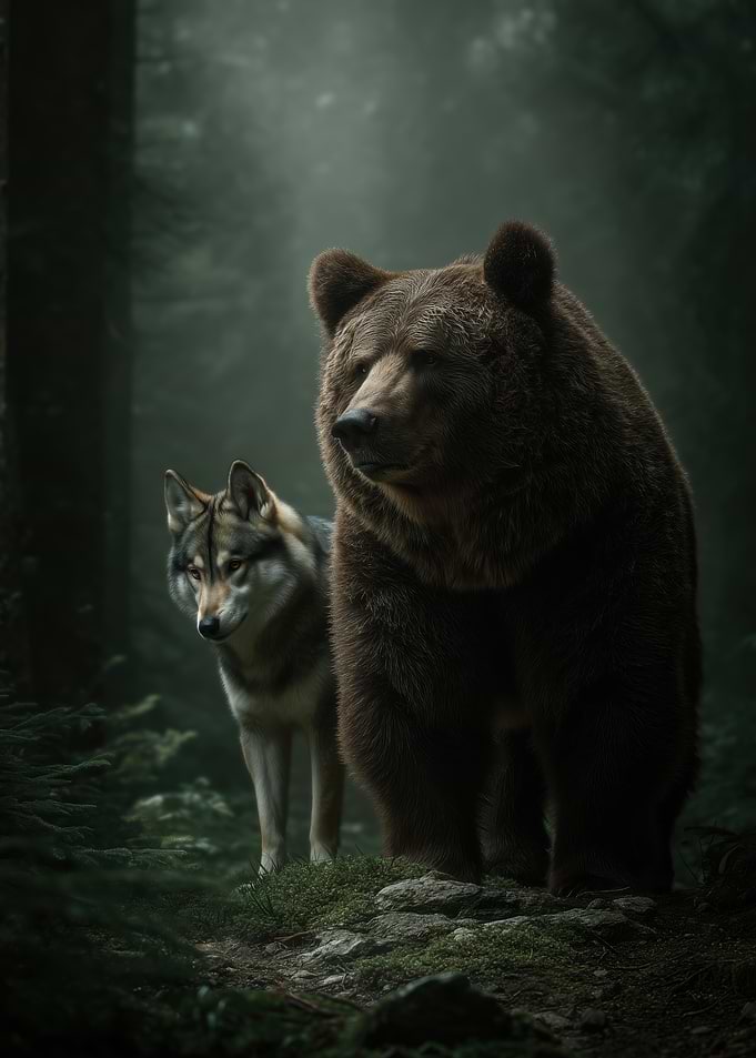 Bear and Wolf in Forest