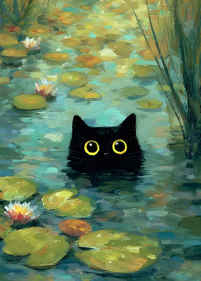 Black Cat in Lily Pond Painting