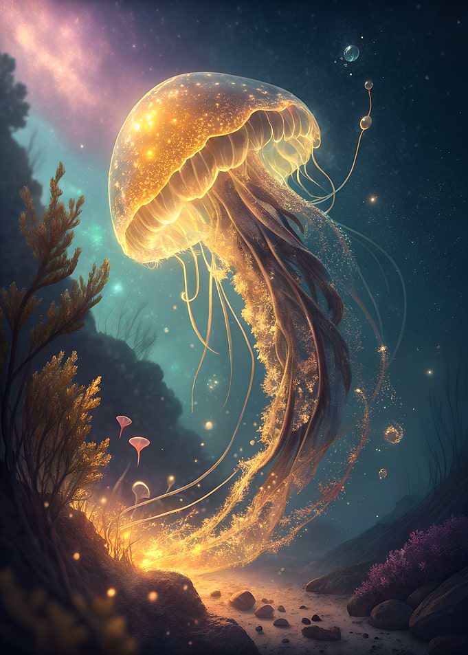 Glowing Jellyfish in Underwater Landscape