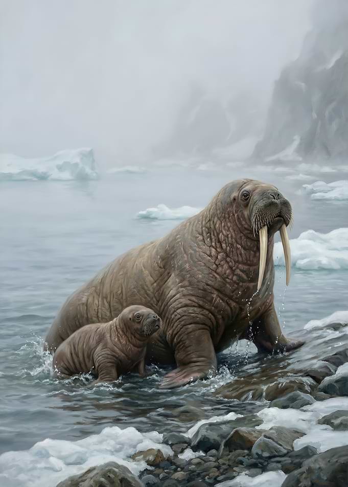 Walrus Mother and Pup on Shore