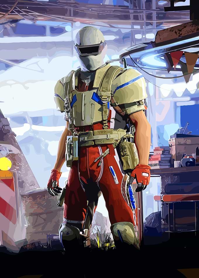 Futuristic Soldier in Red and White Armor