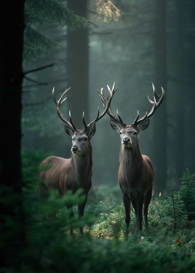 Two Deer in a Misty Forest